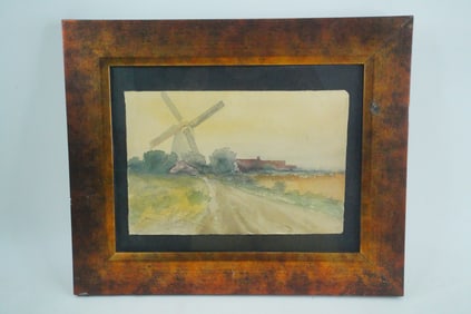 Signed Watercolor Windmill Landscape Painting