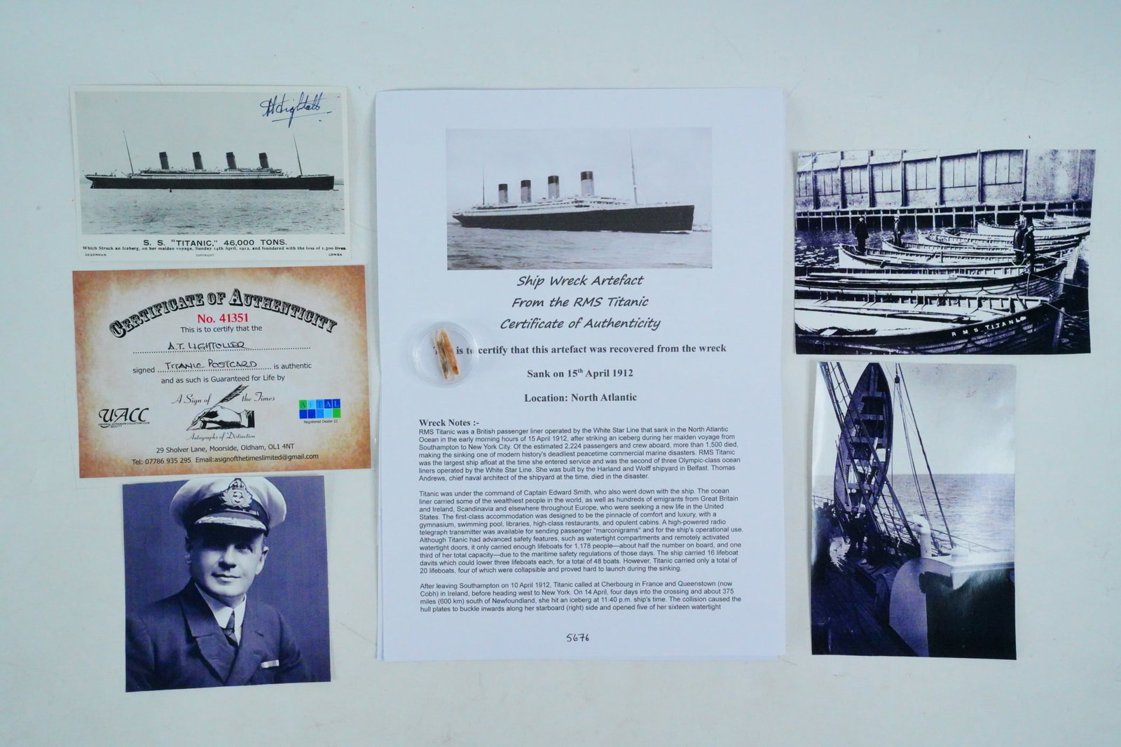 RMS Titanic Lifeboat #12 Wood Fragment, Signed Ephemera: RMS Titanic Lifeboat #12 Artifact Collection Including Wood Fragment and Signed Ephemera W/COA - An extraordinary and historically significant collection of artifacts from the sinking of the RMS Titan