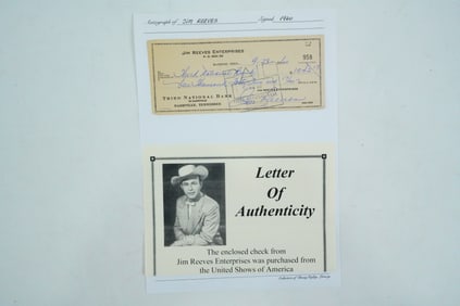 Jim Reeves Signed Check Dated Sept. 28, 1960 W/COA