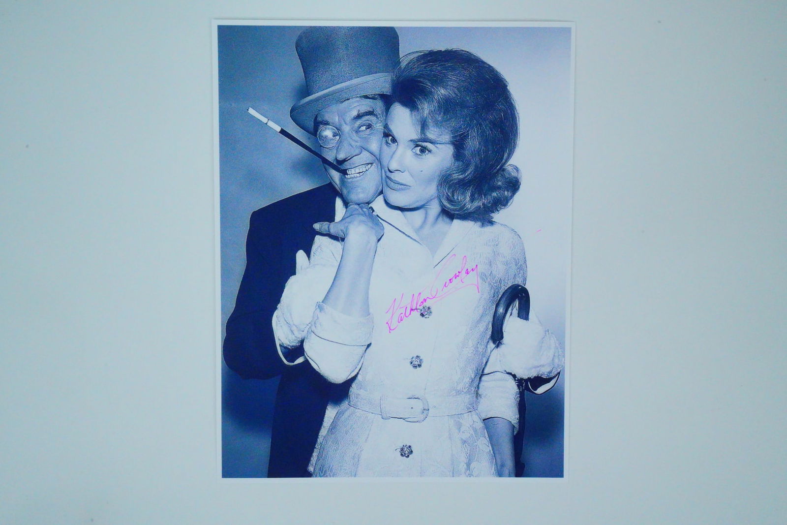 Kathleen Crowley Signed Photo With Burgess Meredith: Kathleen Crowley Signed 8" x 10" Photo With Burgess Meredith as "The Penguin" (1966) - This is an 8" x 10" black and white publicity photograph featuring actress Kathleen Crowley alongside Burgess Mer