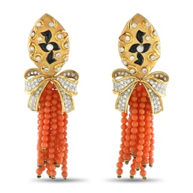 1.20ctw Diamond, 18K, Onyx and Coral Tassel Earrings