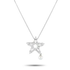 4.5mm Pearl, 0.80ctw Diamond and Platinum Star Necklace