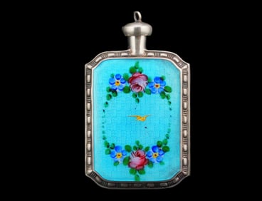 Antique Guilloche Enamel Silver Perfume Flask, C. 1920s