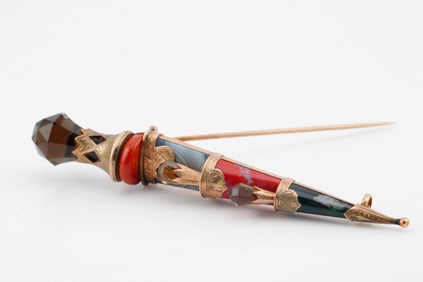 19th C. Scottish 14K, Agate and Smoky Quartz Dirk Brooch