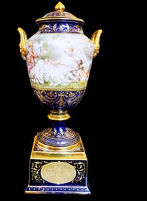 Large Austrian Hand-Painted Porcelain Covered Urn
