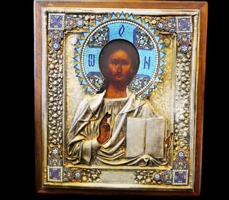 19th C. Russian Silver-Gilt Icon of Christ Pantocrator