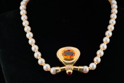 6.00ct Citrine, Pearl, 14K, Ruby and Diamond Necklace