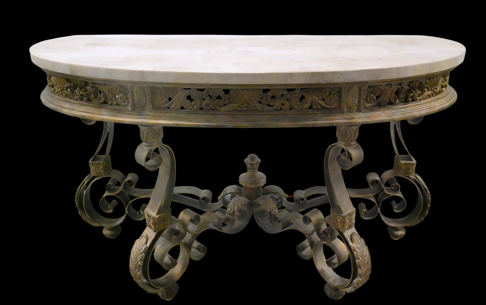 Ornate Wrought Iron and Marble-Top Console Table: Ornate Wrought Iron and Marble-Top Console Table - A striking decorative console table marrying classical elegance with robust craftsmanship. The table features a richly veined cream-colored marble to
