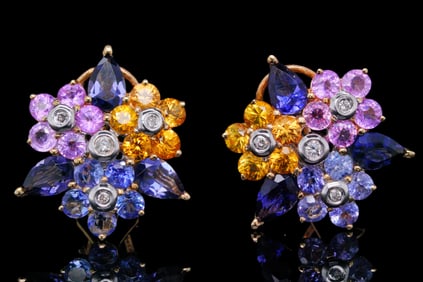 3.80ctw Sapphire, 0.20ctw Diamond and 14K Earrings