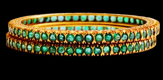 Pair of 18K Yellow Gold and Emerald Bangle Bracelets