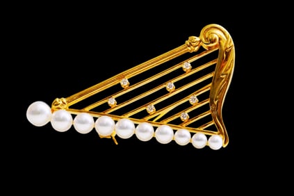 Mikimoto Vintage Pearl, Diamond and 18K Harp Brooch