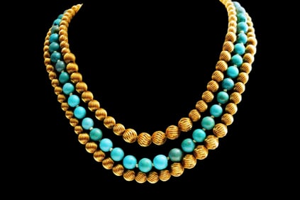 6.6mm-10mm Turquoise and 14K 19" Vintage Necklace