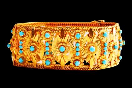 18K Yellow Gold and Turquoise Vintage 7.5" Bracelet