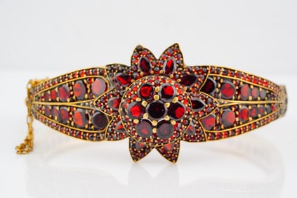 Victorian Bohemian Garnet and Gold Vermeil Floral Bangle