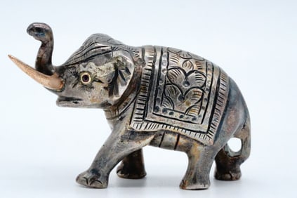 Vintage 84 Silver Elephant Statuette W/14K and Rubies