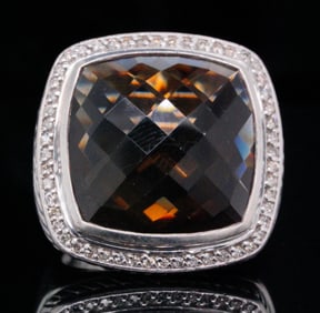 David Yurman Smoky Quartz, Silver/18K Ring W/Diamonds