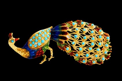 18K, Turquoise and Enamel Peacock Brooch/Pendant