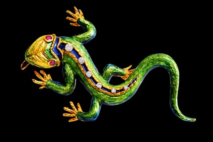 18K Yellow Gold, Diamond, Enamel and Ruby Lizard Brooch
