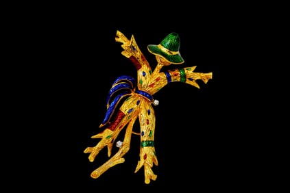 Vintage Italian 18K, Enamel and Diamond Scarecrow Brooch