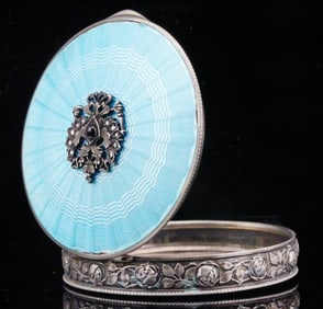 Enamel and 84 Silver Pill Box w/Diamonds and Ruby