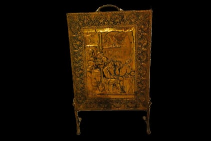 Antique Embossed Brass Tavern-Scene Fire Screen