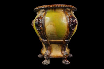 Large Glazed Ceramic Lion-Head Jardiniere on Paw Feet