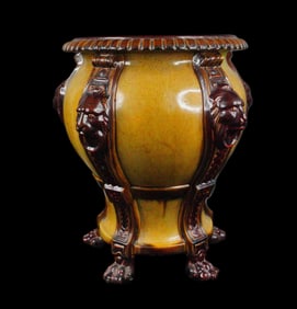 Large Glazed Ceramic Lion-Head Jardiniere on Paw Feet