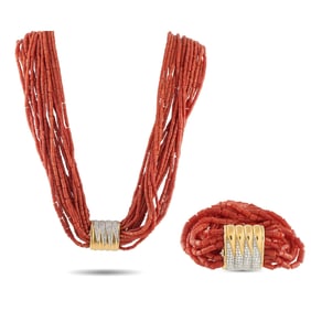 6.20ctw Diamond, Coral and 14K Necklace and Bracelet Set