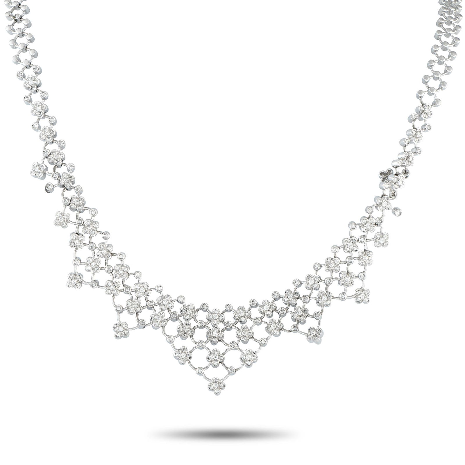2.75ctw Diamond and 18K White Gold 16" Bib Necklace: 2.75ctw VS2-SI1/G-H Diamond and 18K White Gold 16" Bib Necklace - Radiant and refined, this 18K white gold bib necklace dazzles with an openwork design set with approximately 2.75 carats of brilliant