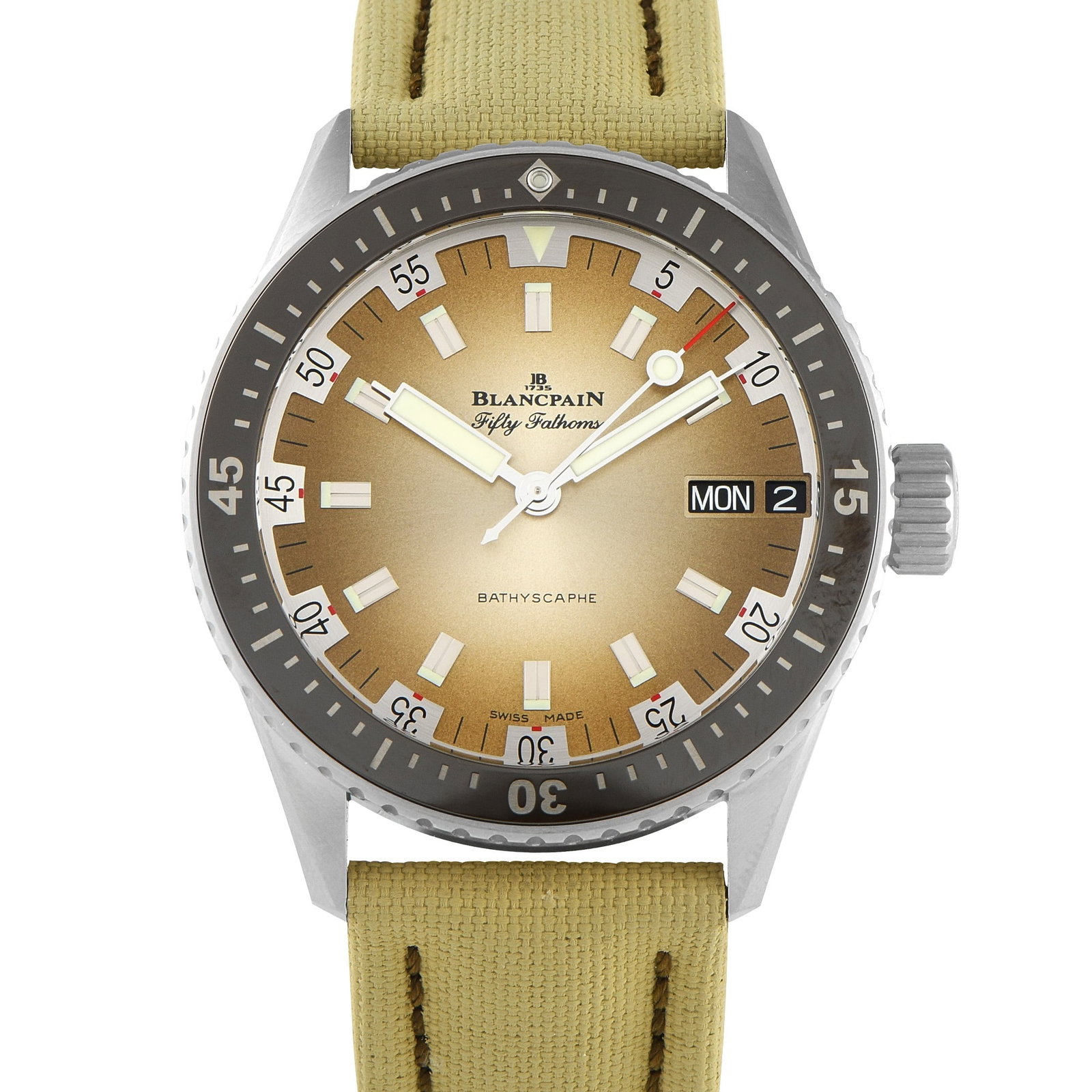 Blancpain Fifty Fathoms Bathyscaphe Day Date Desert Watch: Blancpain Fifty Fathoms Bathyscaphe Day Date Desert Edition 43mm Stainless Steel Watch Ref. 5052-1146-E52A W/Box and Papers - A limited and highly distinctive version of Blancpain's legendary diver, t