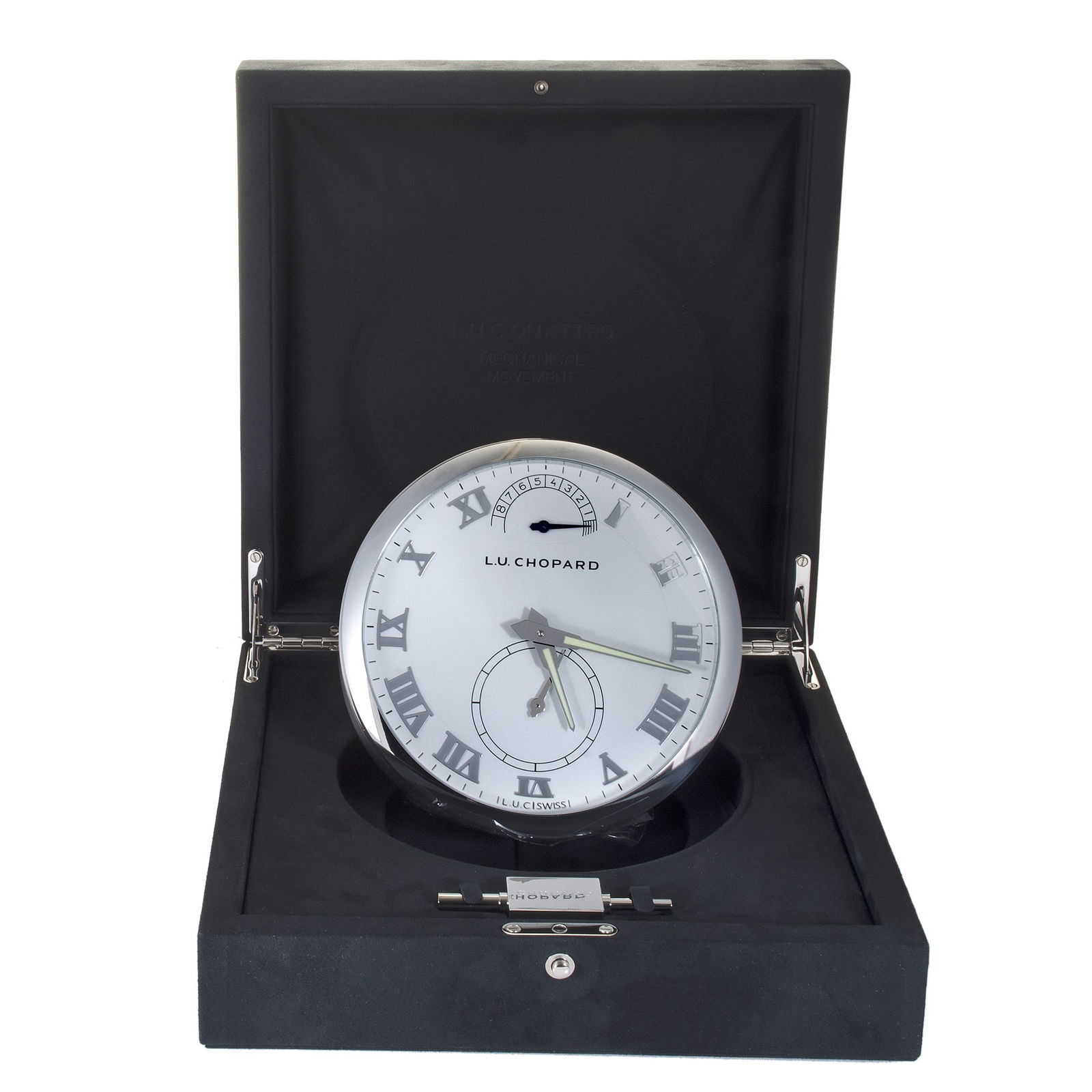 Chopard L.U.C. Quattro Mechanical Table Clock: Chopard L.U.C. Quattro Mechanical Table Clock Ref. 95020-0082 - A remarkable fusion of haute horlogerie and decorative art, this Chopard L.U.C. Quattro Table Clock is a true collector's piece, inspire