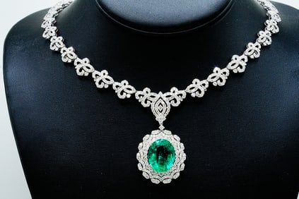 16.30ctw Diamond, 14.30ct Zambian Emerald, 18K Necklace
