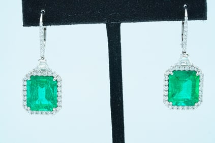 13.08ctw Emerald, 1.62ctw Diamond and 18K Earrings
