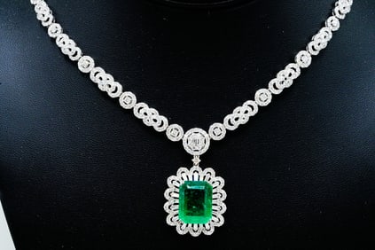 12.65ctw Diamond, 11.25ct Zambian Emerald, 18K Necklace