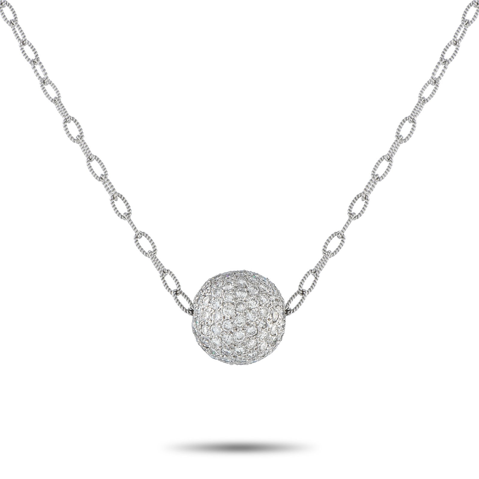 Gabriel & Co. 3.00ctw Diamond and 18K Necklace: Gabriel & Co. 3.00ctw Diamond and 18K White Gold 17" Ball Necklace - Stylish in its simplicity, this Gabriel & Co. necklace features a 0.50" sphere-shaped pendant fully set with diamonds totaling 3.00