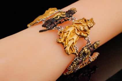 Meiji Period Bronze Menukies on Sterling Silver Bracelet