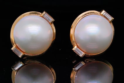 15mm Mabe Pearl, 0.30ctw Diamond and 14K Ear Clips