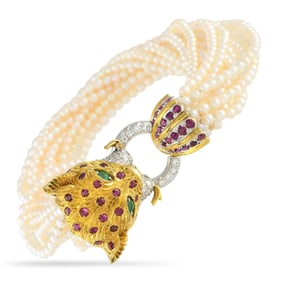 2.15ctw Ruby, Diamond, and Emerald, 18K, Pearl Bracelet