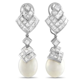 8.00ctw Diamond, 16mm Pearl and 18K 2" Drop Earrings