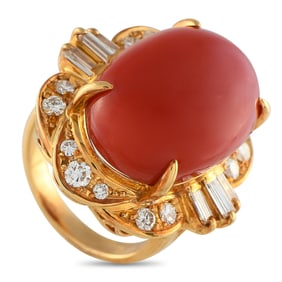 1.00ctw Diamond, 18K Yellow Gold and Coral Ring