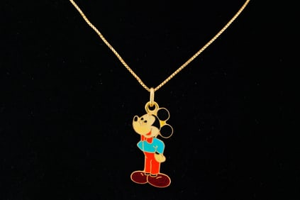 Italian Vintage 18K and Enamel Mickey Mouse Necklace