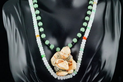 Lot of (2) Beaded Jade Necklaces and Buddha Pendant