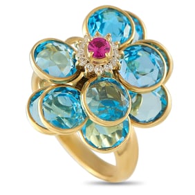 18K Yellow Gold, Blue Topaz, Diamond and Ruby Ring