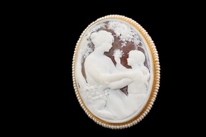 Ciro Ferrera 14K Gold and Pearl Mounted Cameo Brooch