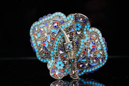 Antique Russian Silver and Cloisonne Enamel Belt Buckle