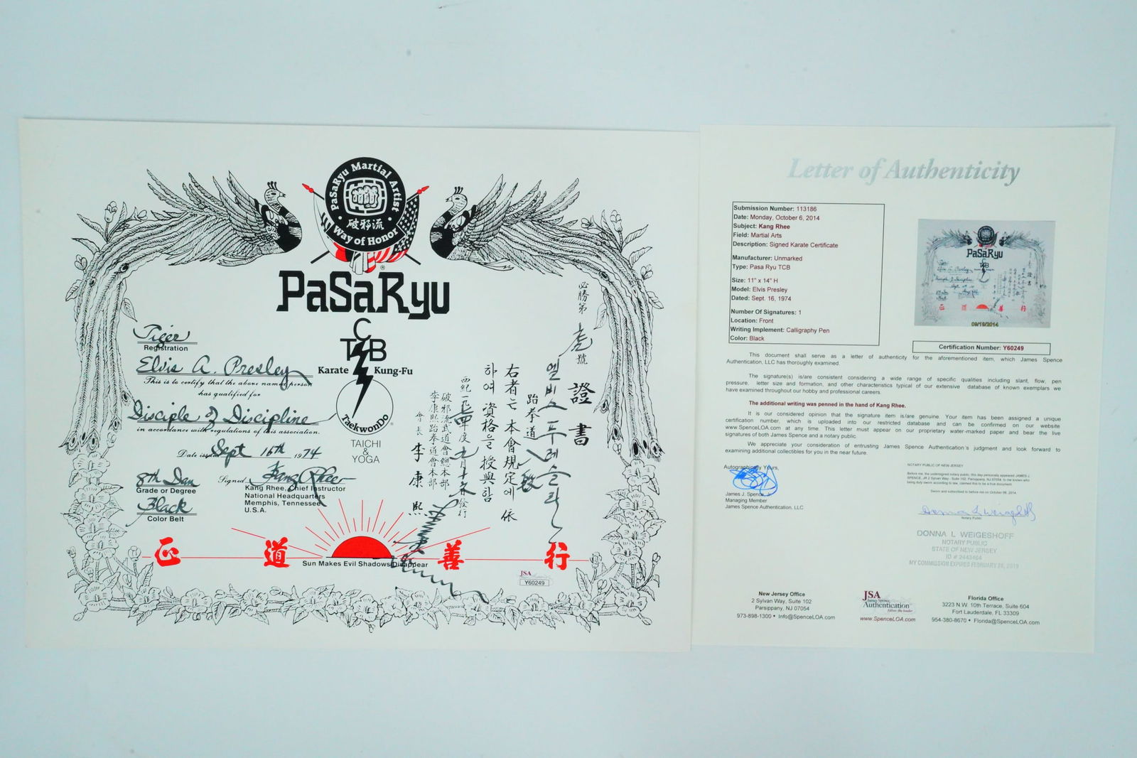 Kang Rhee Signed 1974 Elvis Presley Black Belt Certificate (1 of 4)