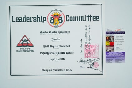 Kang Rhee Signed Karate Certificate (JSA Certified)