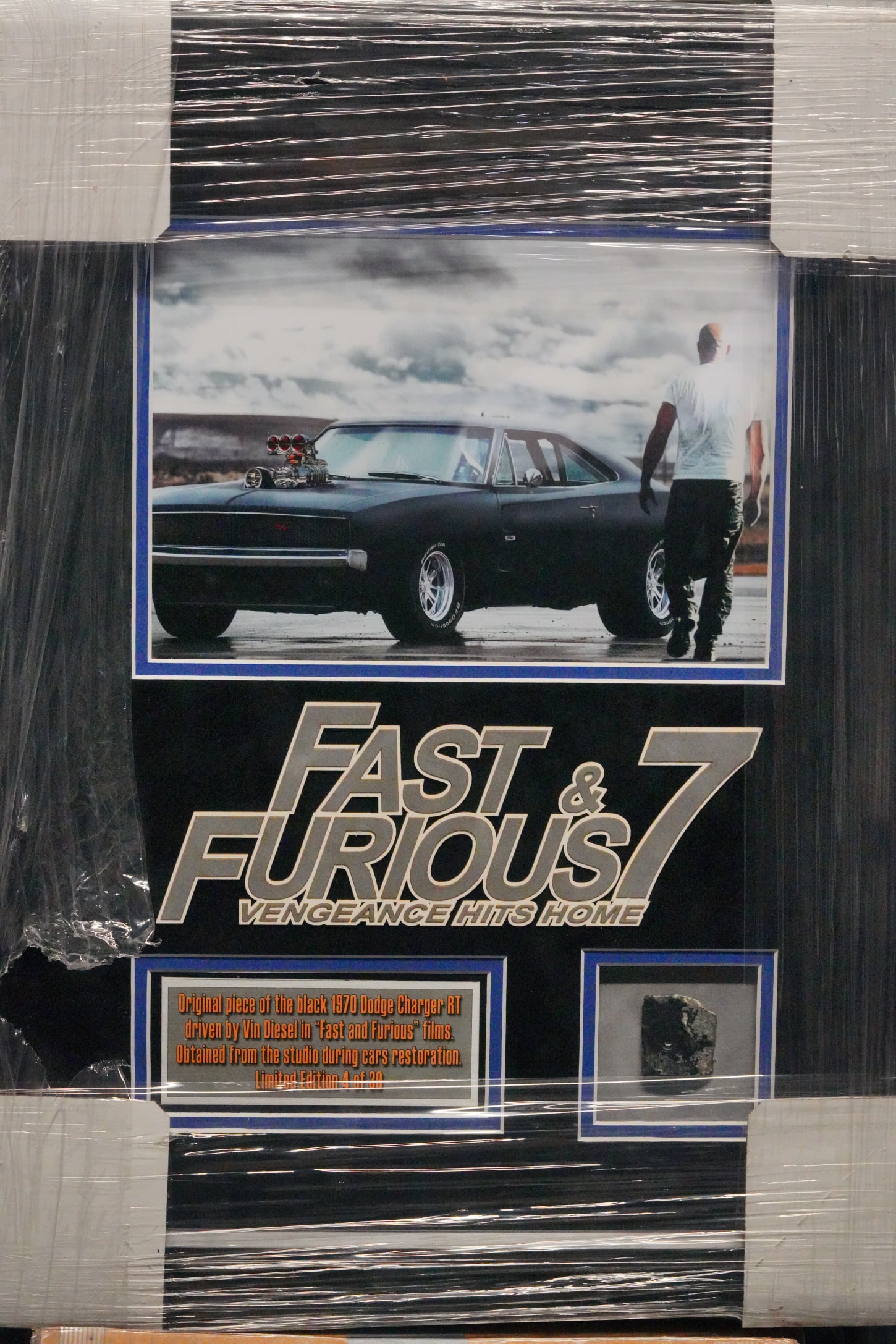 Fast & Furious 1970 Dodge Charger Piece W/COA: Fast & Furious 1970 Dodge Charger Piece (Driven by Vin Diesel) in Museum Quality Limited Edition Framed Display Numbered 4/30 W/COA - This extraordinary museum-quality framed display features a genuin