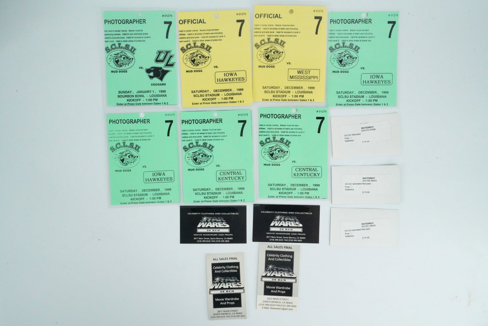 The Waterboy, Lot of (7) Production Used Field Passes: The Waterboy (1998) Lot of (7) SCLSU Mud Dogs Production Used Field Passes Acquired From Star Wares Los Angeles W/Letter of Provenance - Lot of original production used laminated field passes created 