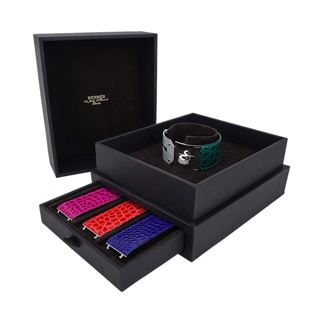 Hermes Diamond Kelly 18k Spinel Cuff with 6 Rare Straps Set: Hermes Diamond Kelly 18k Spinel Cuff with 6 Rare Straps Set - Guaranteed Authentic - The Diamond Kelly cuff dazzles with 493 brilliant-cut round diamonds totaling 6.75 carats, meticulously set in 18k